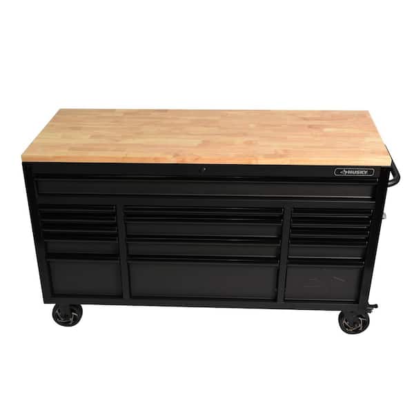 Husky 61 in. W x 23 in. D Heavy Duty 15-Drawer Mobile Workbench Tool Chest  with Solid Wood Top in Matte Black H61MWC15HP-C - The Home Depot