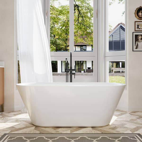 ANGELES HOME 66 in. x 29.5 in. Acrylic Flatbottom Freestanding Soaking Bathtub with Center Drain and Overflow in White