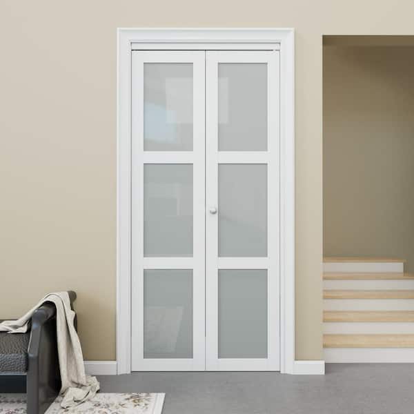 36 in. x 80 in. 3-Lite Tempered Frosted Glass Solid Core White Finished Glass Closet Bifold Door with Hardware