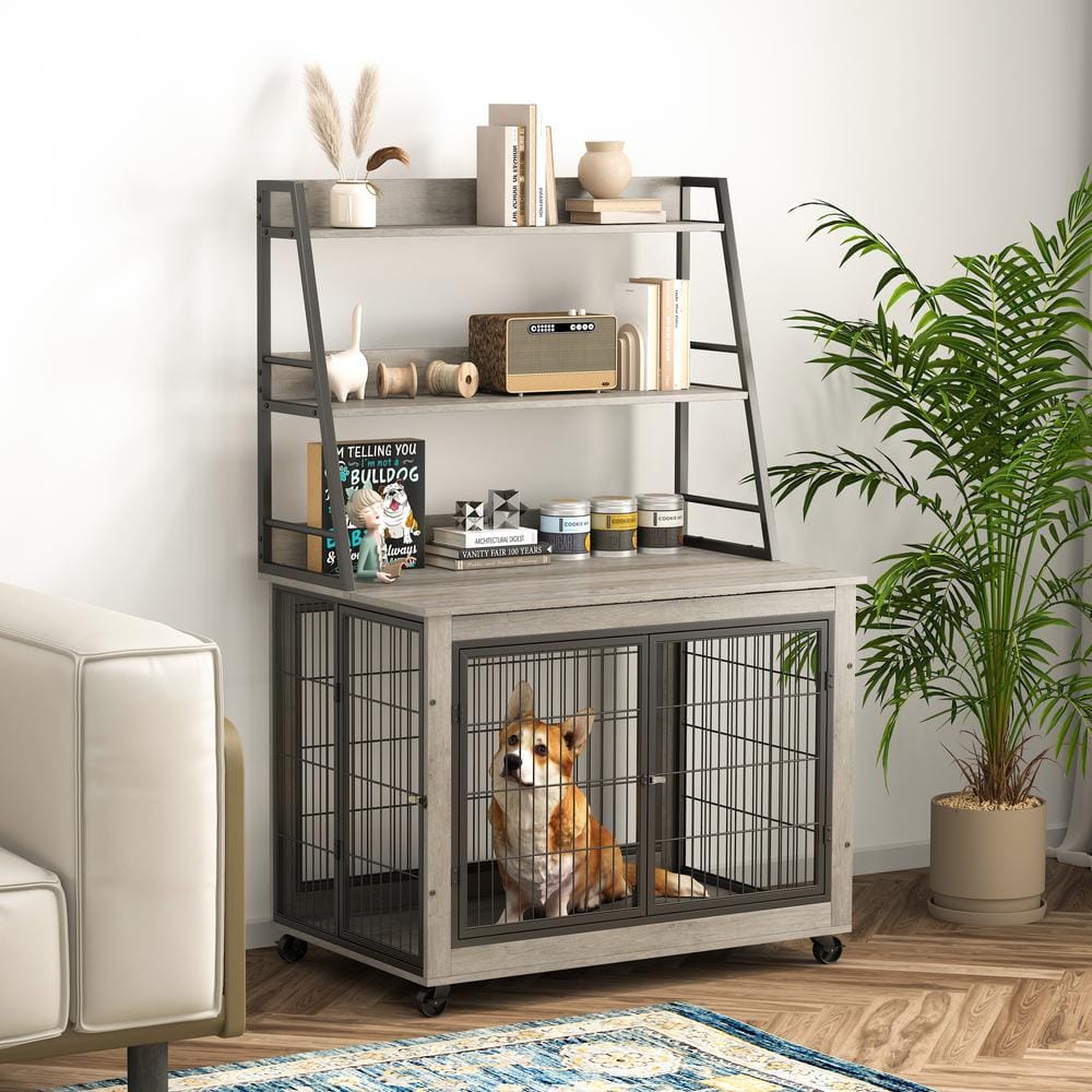 Grey 38.58 in. W x 25.5 in. D x 57 in. H Furniture Style Dog Crate Side Tab