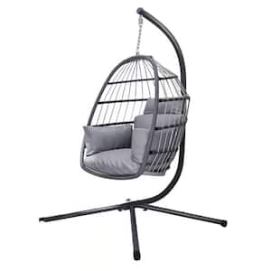 Anky 3.5 ft. 1-Person Steel Frame Gray Wicker Free Standing Egg Chair Patio Swings Hammock Chair with Gray Cushions