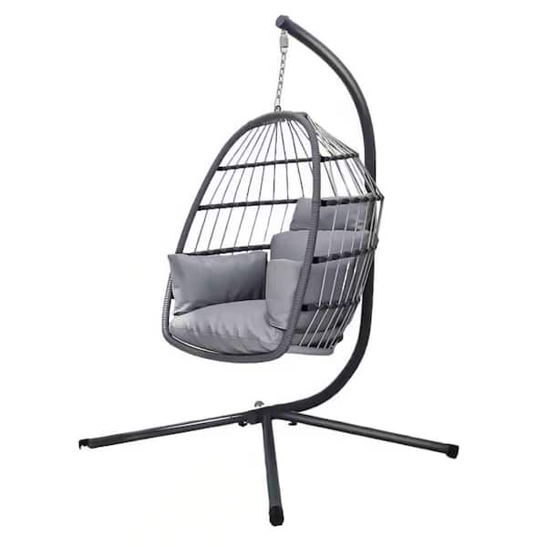 Miscool Anky 3.5 ft. 1-Person Steel Frame Gray Wicker Free Standing Egg Chair Patio Swings Hammock Chair with Gray Cushions