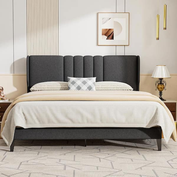 ComHoma Gray Bed Frame Queen Size 62.2 in. W x 82.28 in. L Upholstered Platform Bed Frame