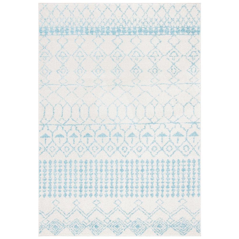 Ivory and Turquoise Moroccan Geometric 8' x 10' Area Rug