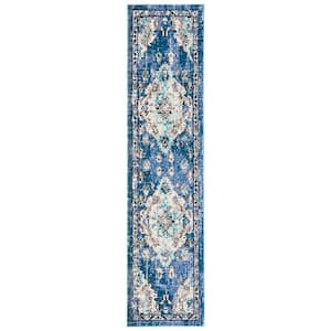 Madison Navy/Ivory 2 ft. x 8 ft. Border Floral Oriental Runner Rug