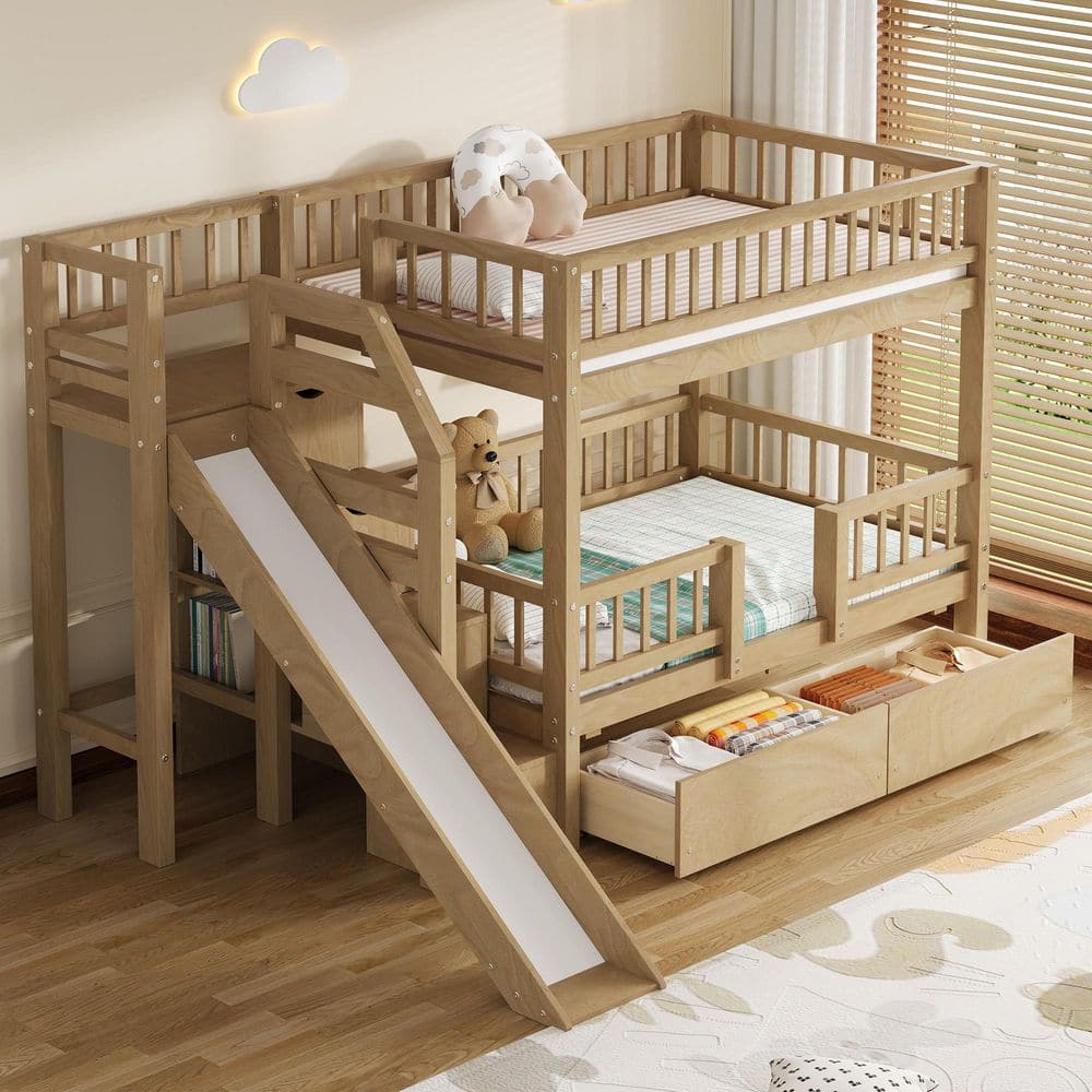 Harper & Bright Designs Walnut Twin Over Twin Wood Bunk Bed with ...