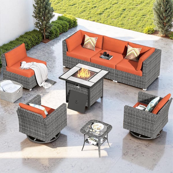 HOOOWOOO Messi Grey 8-Piece Wicker Outdoor Patio Fire Pit Conversation Sofa Set with Swivel Rocking Chairs & Orange Red Cushions