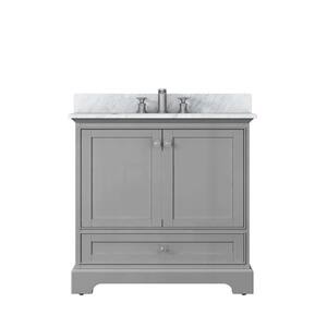 36 in. W x 22 in. D x 35 in. H Freestanding Bath Vanity in Gray with Carrara White Natural Marble Top with White Basin