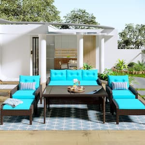 6-Piece Blue Wicker Outdoor Patio Set, PE Rattan Sofa, Glass Coffee Table, Brown Coffee Cushion, Removable Cushion