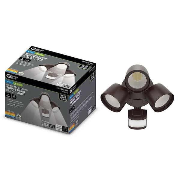 240° Motion Activated Dusk to Dawn Sensor Bronze Outdoor Triple Head LED Security Flood Light 36-Watt 3600 Lumen