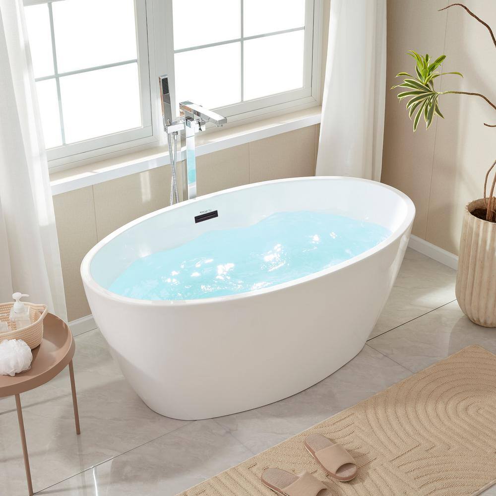 White Glossy Acrylic Freestanding Soaking Bathtub, 55.1" Length