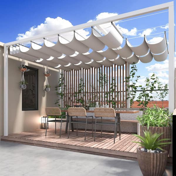 4 ft. x 16 ft. Retractable Wave Sun Shade Canopy Pergola Cover Shade Sail Awning for Patio Porch Garden Yard, Light Gray