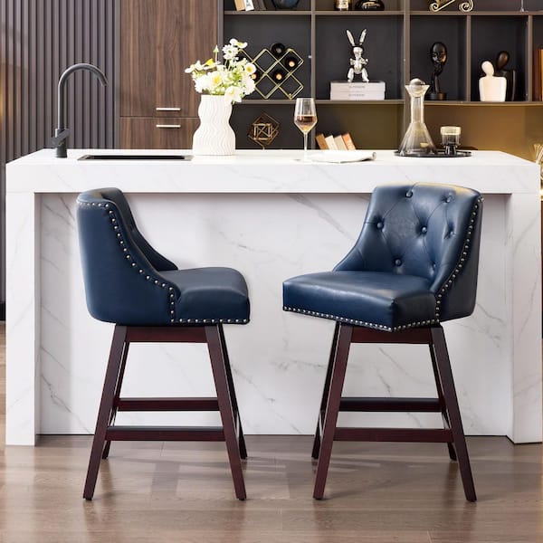 Navy PU Leather 360° Swivel Bar Stool with Button Back and Nailhead Trim
