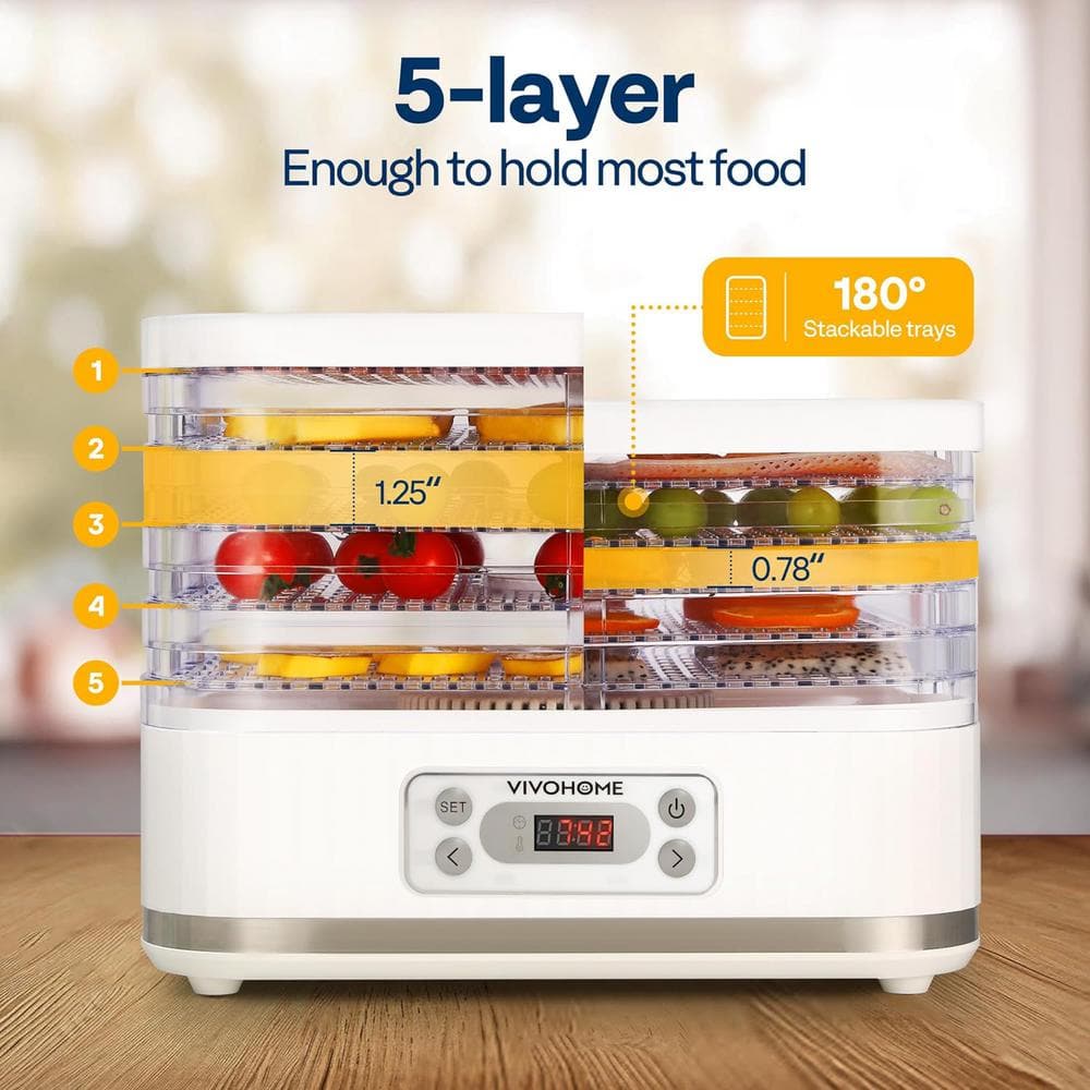 White 5-Tray Electric Food Dehydrator with Digital Timer