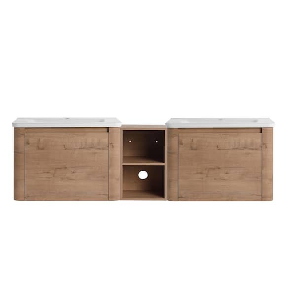 68 in. Wall-Mounted Imitative Oak Bath Vanity with White Ceramic Top and Storage Shelves Unassembled