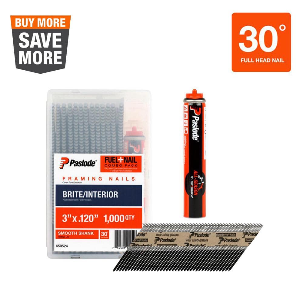 Paslode 3 in. x 0.120 Gauge Brite Smooth Shank FUEL NAIL Pack 1 000 Nails 1 Fuel Cell 650524 The Home Depot