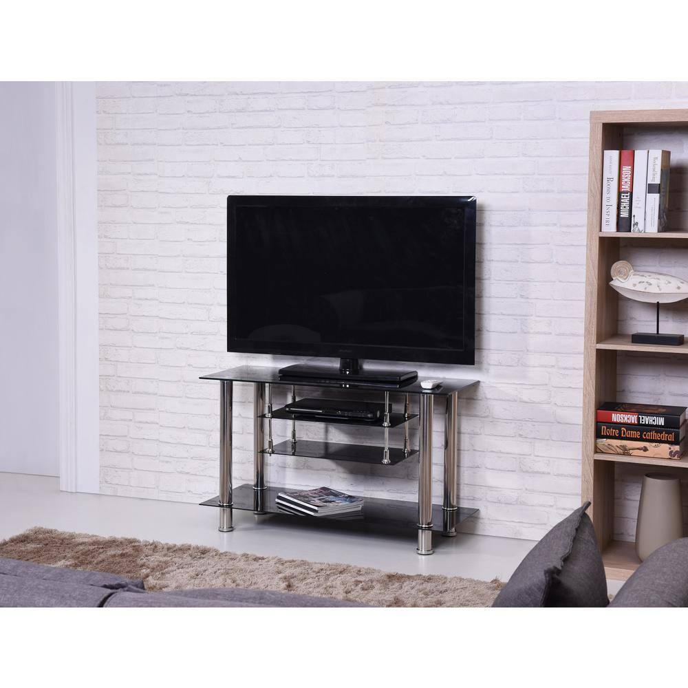 Black Tempered Glass and Metal TV Stand with Shelves