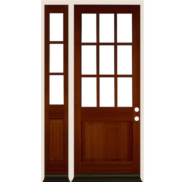 Krosswood Doors 50 in. x 96 in. Farmhouse 9-Lite Clear Glass Left-Hand Red Chestntut Stain Hemlock Wood Prehung Front Door w/ LSL