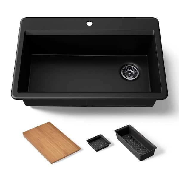 Lassen 33 in. Drop-in Single Bowl Granite Composite Kitchen Workstation Sink in Matte Black with Accessories