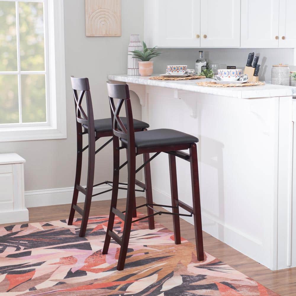 Merlot Wood and Dark Brown Faux Leather 30" Folding Barstool