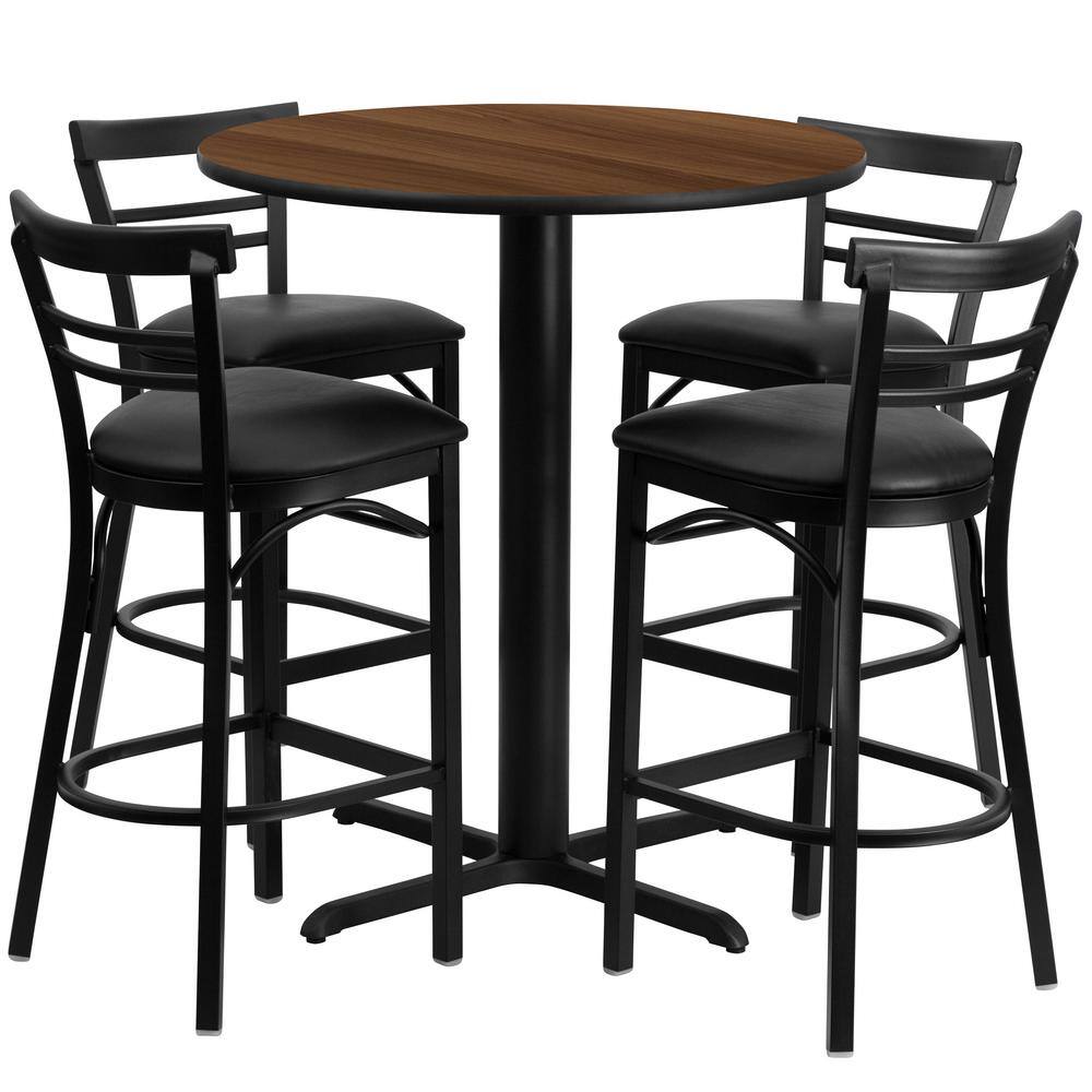 5-Piece Walnut Top/Black Vinyl Seat Table and Chair Set
