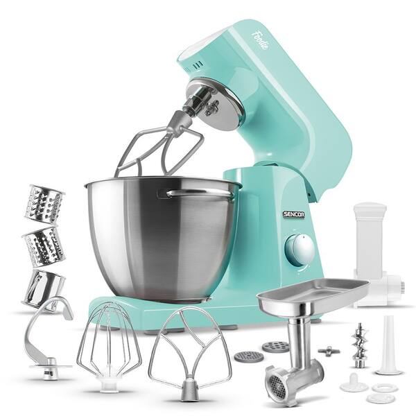 Sencor 4.75 Qt. 8-Speed Pastel Mint Green Stand Mixer with Beater, Whisk, Food Grinder and Dough Hook Attachments