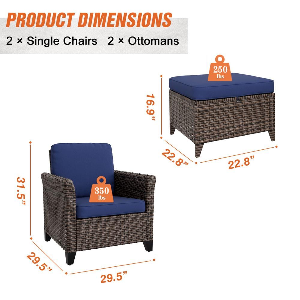 4-Piece Brown Wicker Patio Set with Blue Cushions and Ottomans
