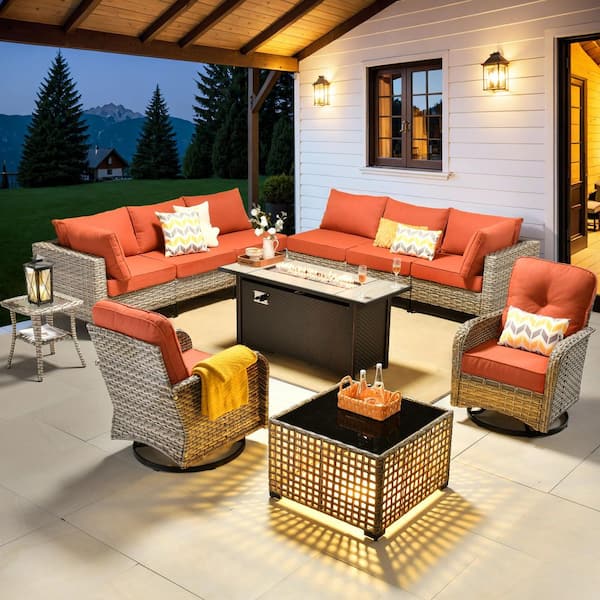 Supery Gray 11-Piece Wicker 54 in. Rectangle Fire Pit Patio Conversation Set with Orange Red Cushions and Swivel Chairs