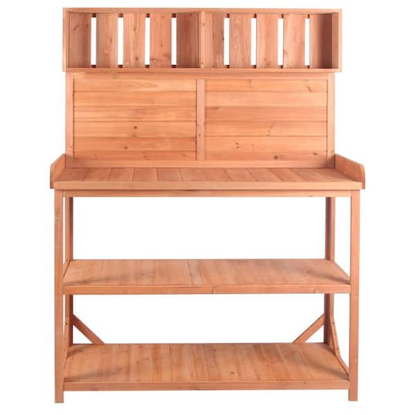 Unbranded 19.3 in. W x 65 in. H Natural Wooden Farmhouse Rustic Outdoor Potting Bench Table with 4 Storage Shelves and Side Hook