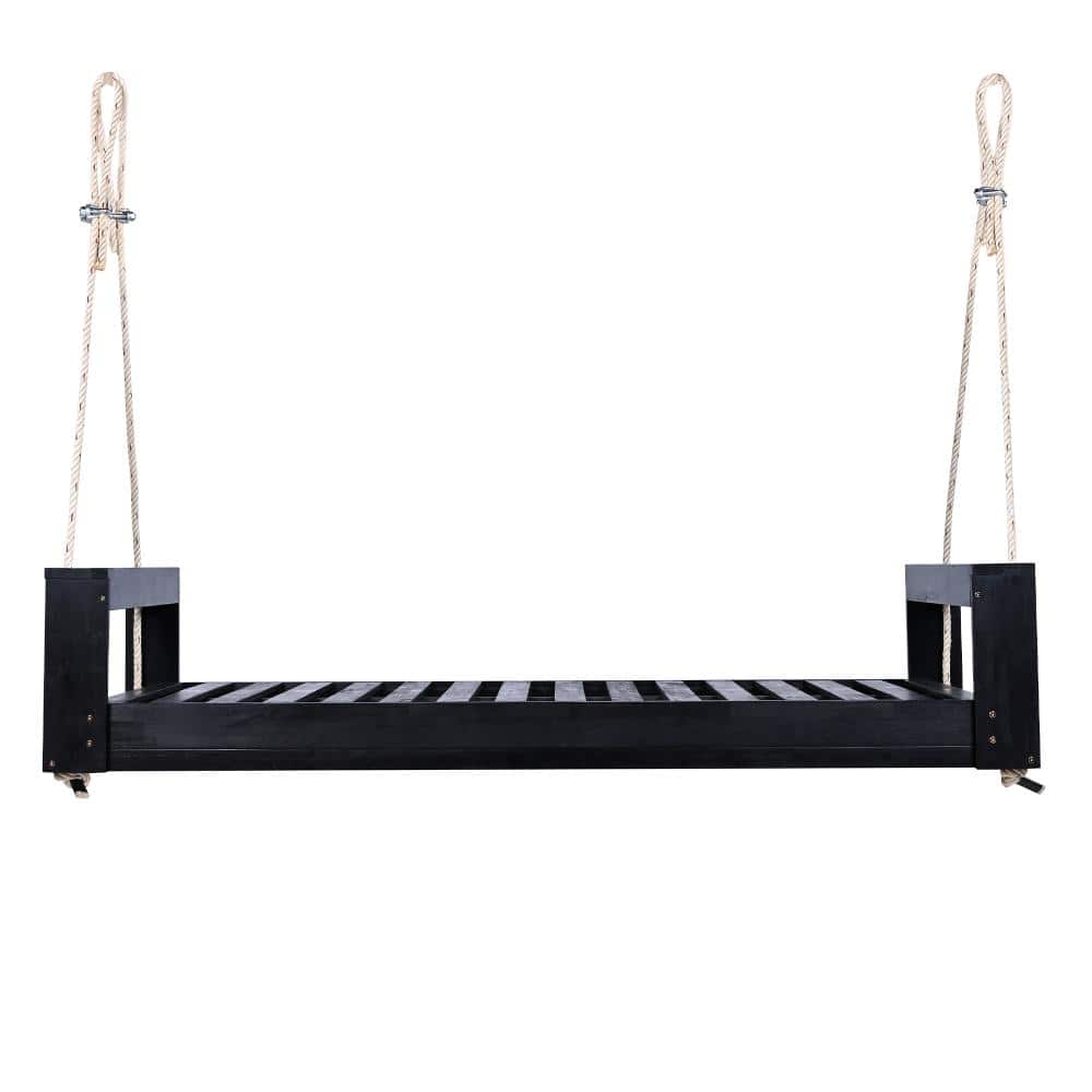 Black 2-Person Acacia Wood Porch Swing Bed with Armrests and 98 in. Hemp Ropes