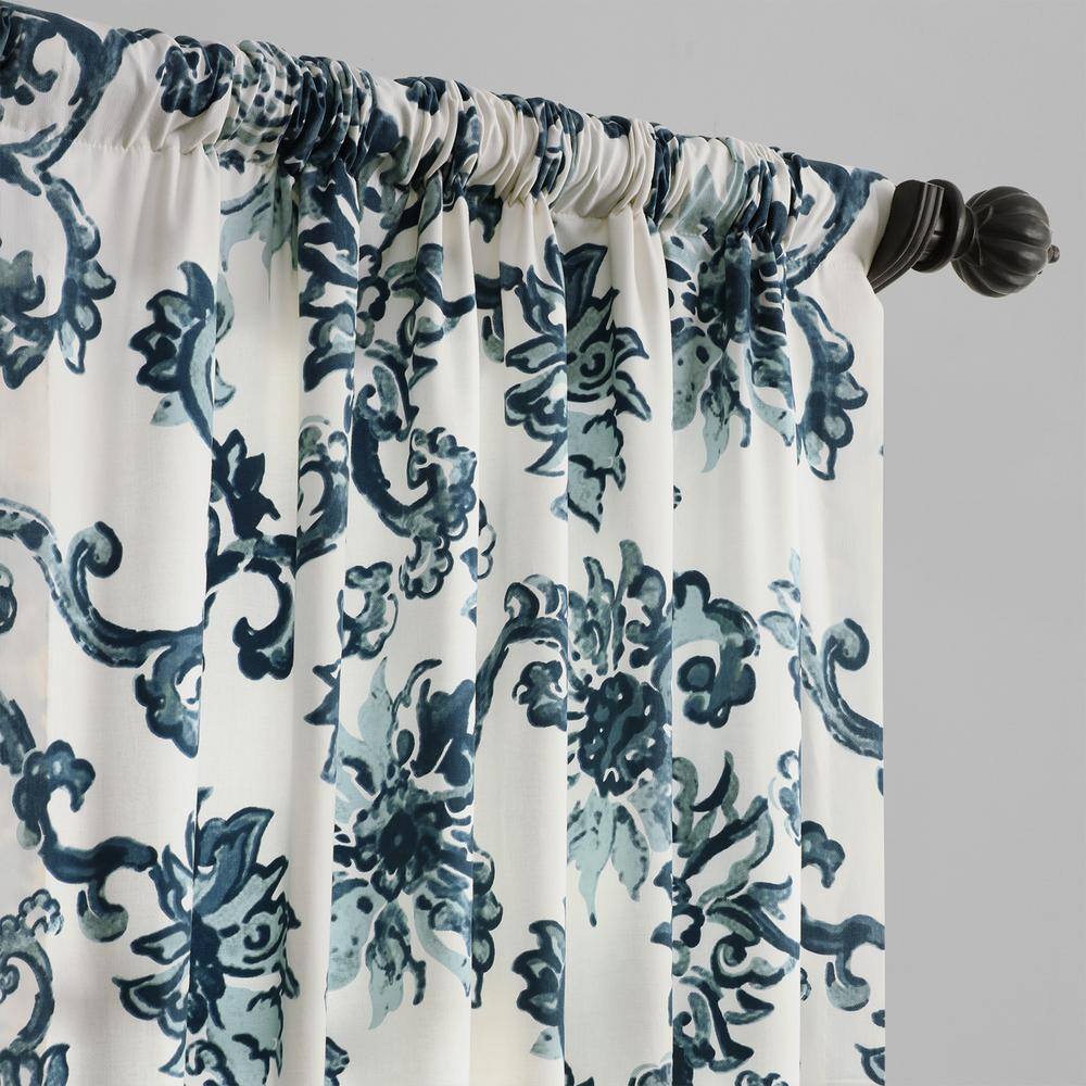Blue Floral Cotton Room-Darkening Drapes with Hidden Tabs