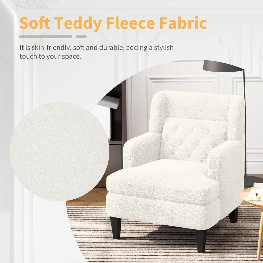 Modern White Teddy Fabric Upholstered Accent Chair with Wood Legs