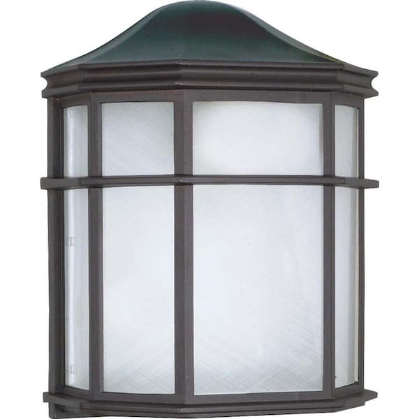 SATCO 1-Light Outdoor Textured Black Cage Lantern Wall Lantern Sconce with Die Cast Linen Acrylic Lens