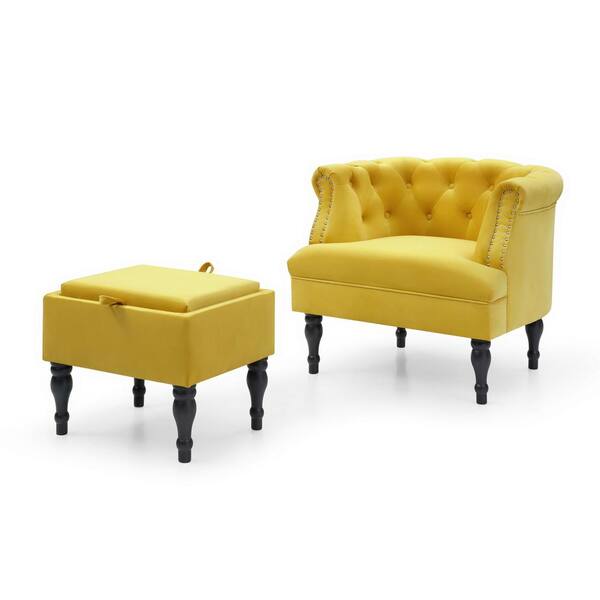 Yellow Velvet Upholstered Nailhead Trim Button Tufted Arm Chair with