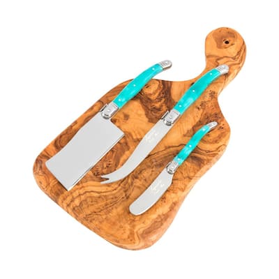 Laguiole Olive Wood 4-Piece Cheese Board and Stainless Steel Cheese Knife Set with Faux Turquoise Handles