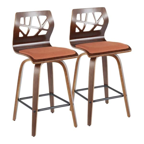 Lumisource Folia 36 in. Orange Fabric and Walnut Wood High Back Counter Height Bar Stool with Square Black Footrest (Set of 2)