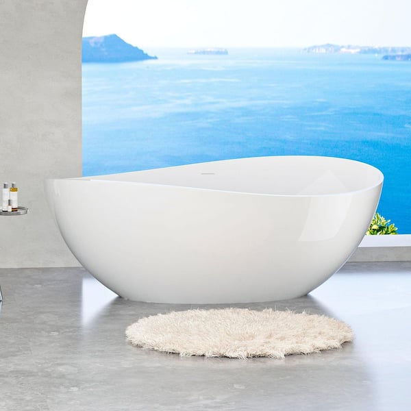 63 in. x 38 in. Contemporary Solid Surface Freestanding Soaking Bathtub in Gloss White with Overflow and Pop-up Drain