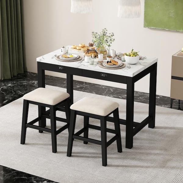 3-Piece Rectangle Black MDF Dining Table Set (Seats-2)