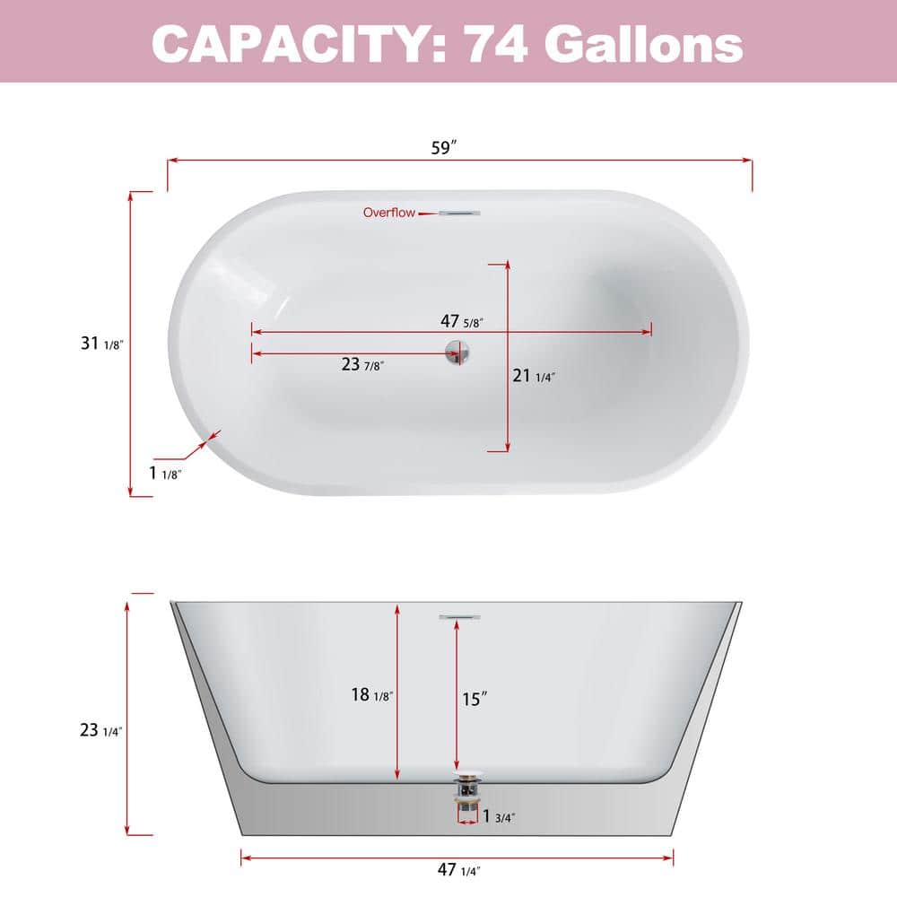 59'' White Freestanding Acrylic Soaking Bathtub