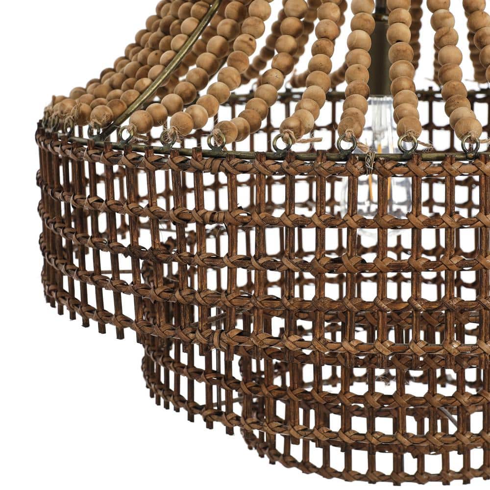 Storied Home Metal Rattan and Wood Bead Chandelier Brown: ETL Listed, Iron Canopy, Adjustable Height