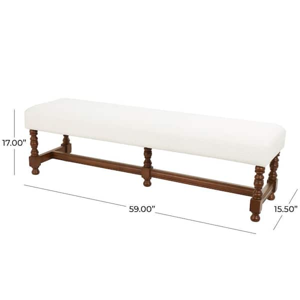 Cream Bedroom Bench with Brown Traditional Wood Turned Legs 17 in. x 59 in. x 16 in.