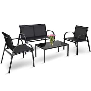 Black 4-Piece Metal Patio Conversation Set with Glass Top Coffee Table