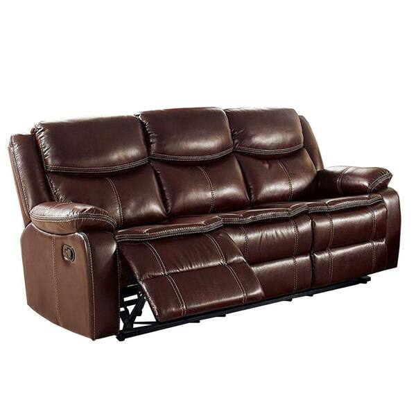 Benjara Brown Leather Glider Recliner Loveseat with Flared Padded Arms