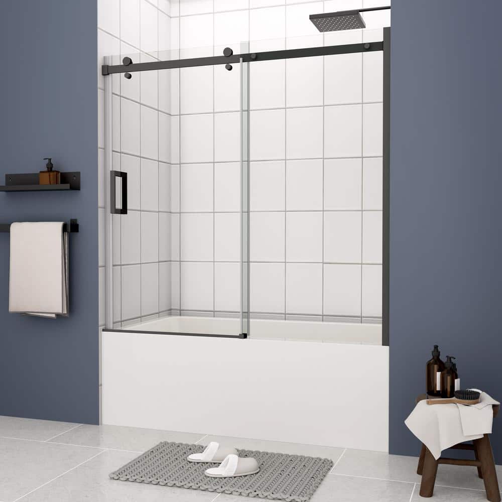 60 in. W x 58 in. H Semi Frameless Sliding Tub Door in Matte Black with Cle