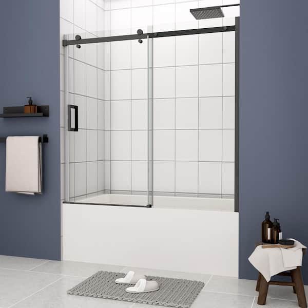 Unbranded 60 in. W x 58 in. H Semi Frameless Sliding Tub Door in Matte Black with Clear Tempered Glass