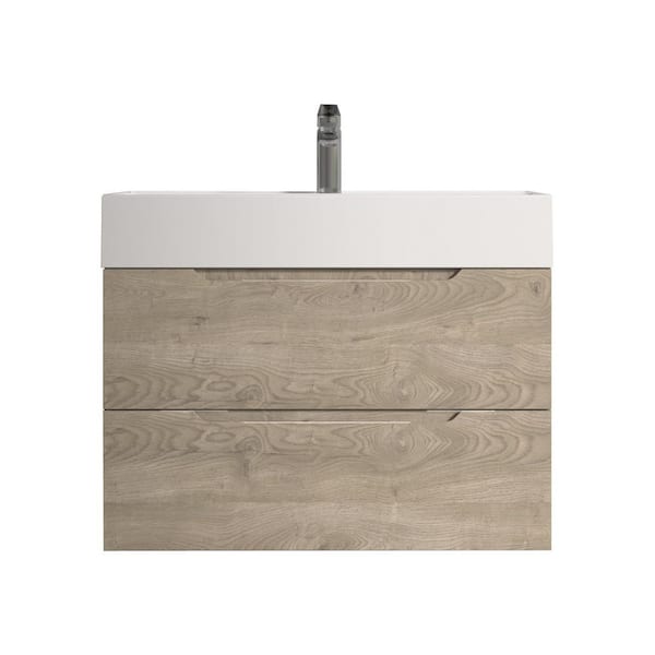 Combo-T 32 in. Single Evita Oak Bath Vanity Wall-Mounted Floating Vanities with Gloss White Resin Stone Top 2-Drawers