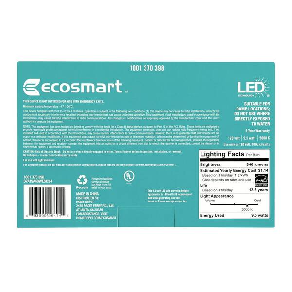 Ecosmart 60 Watt Equivalent A19, Ecosmart Light Bulbs Warranty
