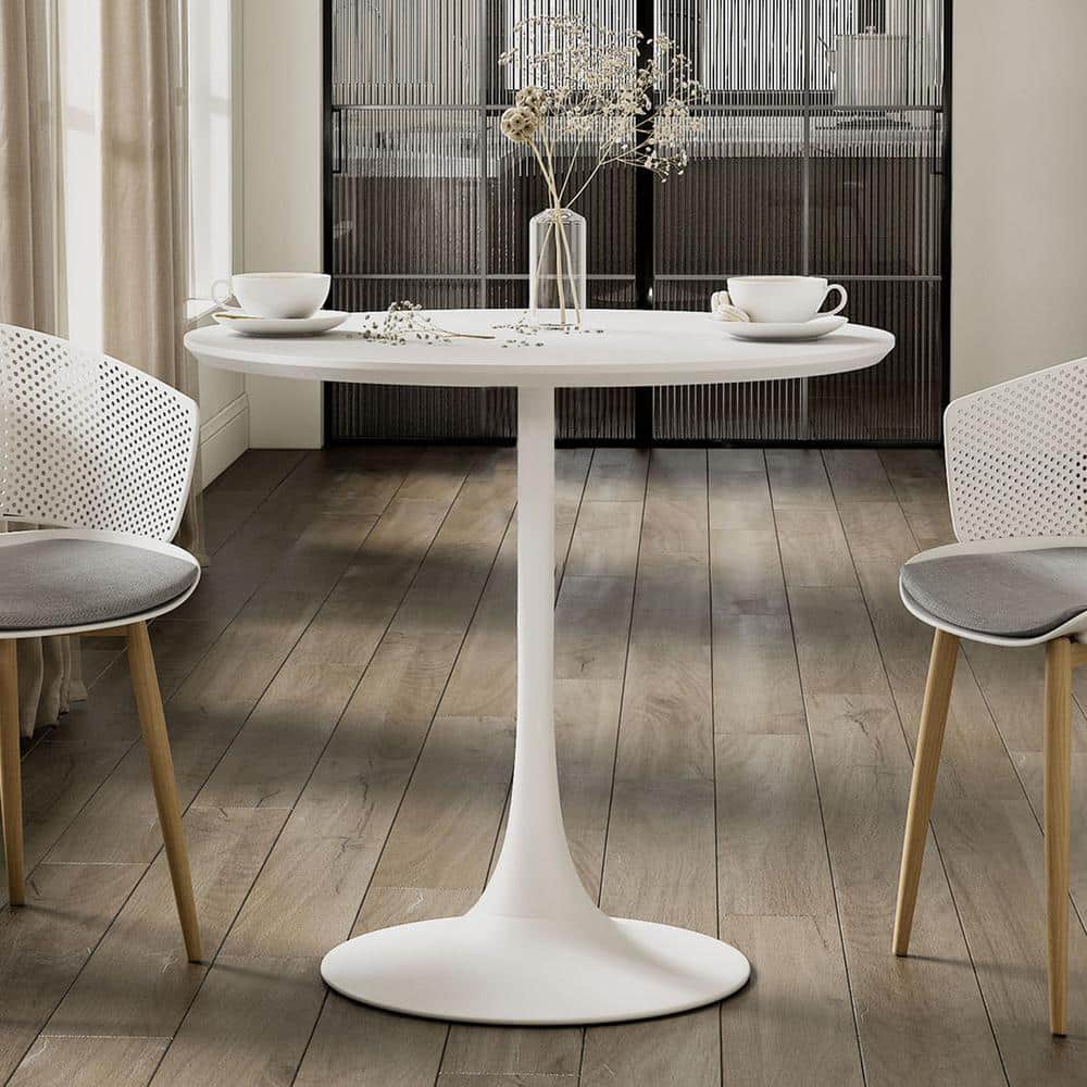 34" Modern Round Wood & Metal Dining Table in High Gloss White