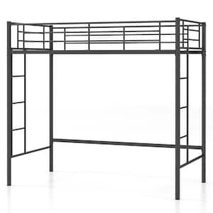 Black Metal Frame Twin Loft Bed Space-saving Platform Bed w/Full-length Safety Guardrail 2 Ladders