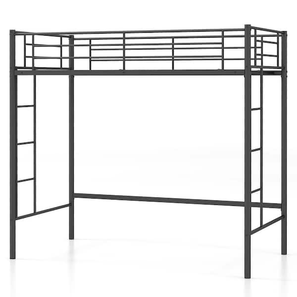 Gymax Black Metal Frame Twin Loft Bed Space-saving Platform Bed w/Full-length Safety Guardrail 2 Ladders